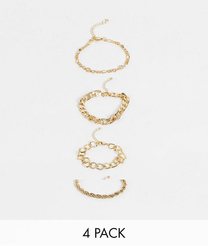 Asos Design Pack Of 4 Chain Bracelets With Crystal In Gold Tone