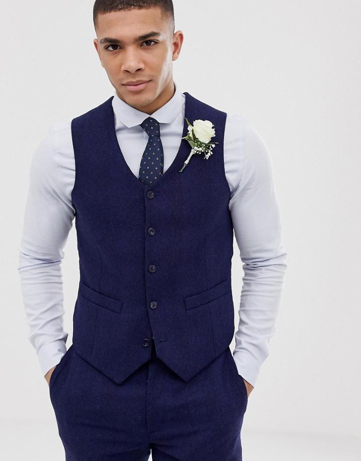 Asos Design Wedding Skinny Suit Vest In Blue Wool Blend Herringbone