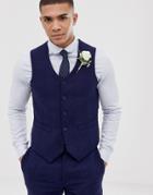 Asos Design Wedding Skinny Suit Vest In Blue Wool Blend Herringbone