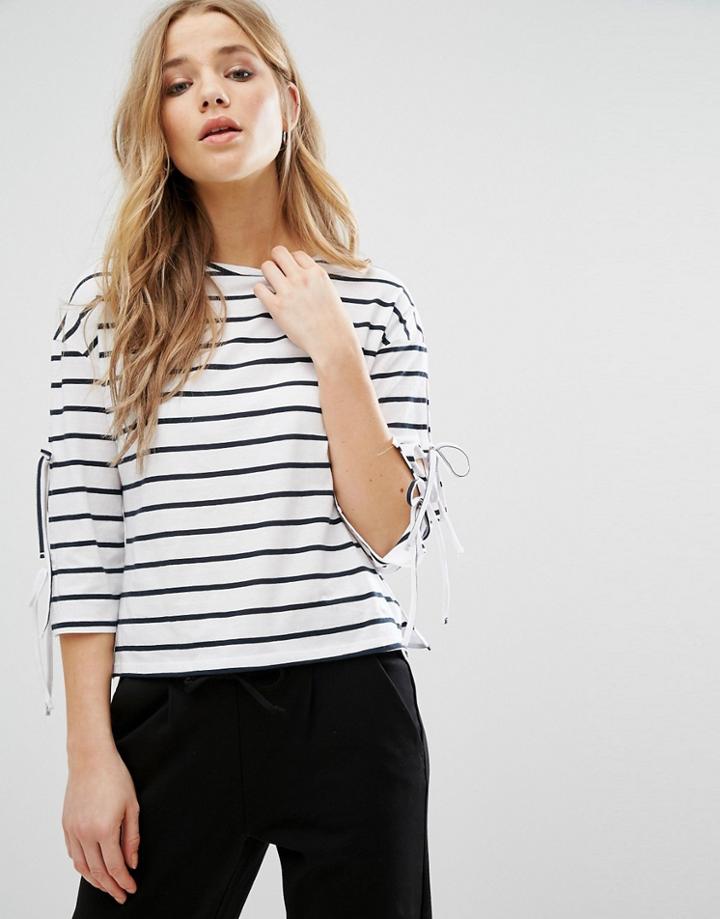 New Look Stripe Tie Sleeve Top - White
