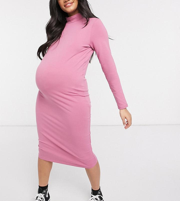 Outrageous Fortune Maternity Exclusive High Neck Long Sleeve Midi Dress In Dusty Rose-pink