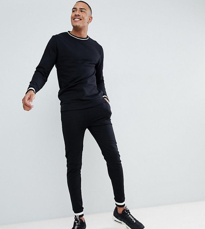 Asos Design Tall Tracksuit Sweatshirt/skinny Jogger With Tipping In Black - Black