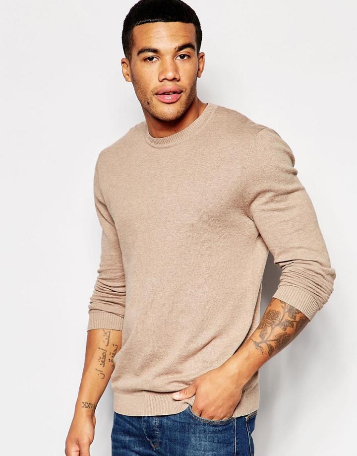 Asos Crew Neck Sweater In Cotton - Tan