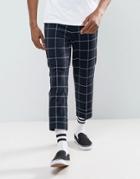 Asos Tapered Smart Pants In Navy Windowpane Check With Turn Up - Navy