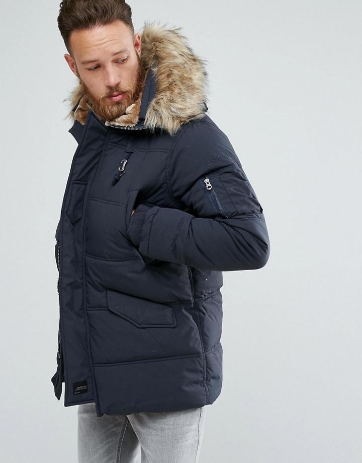 Schott Snork Quilted Parka Hooded Detachable Faux Fur Trim In Navy - Navy