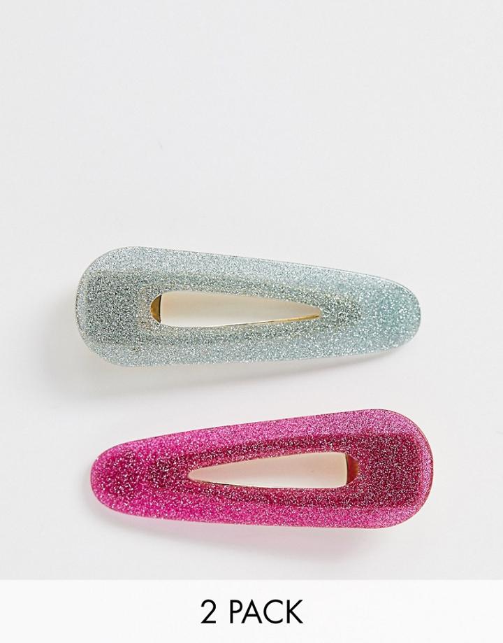 Asos Design Pack Of 2 Hair Clips In Baby Blue And Pink Glitter - Multi