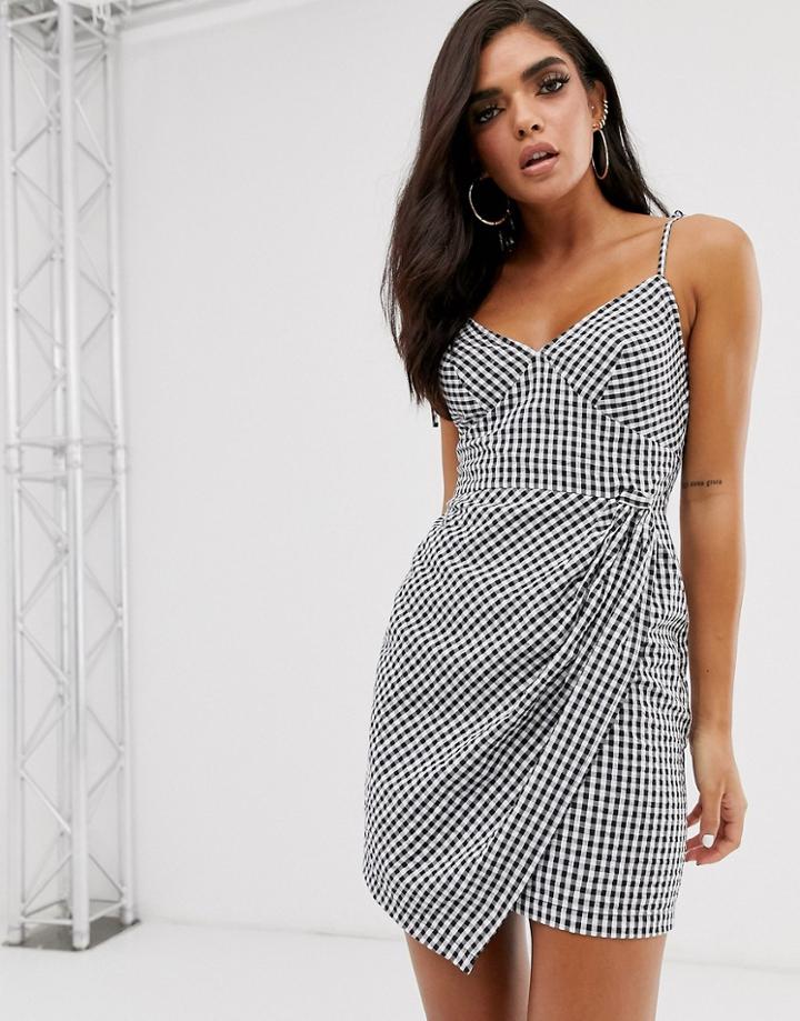 Asos Design Knot Front Mini Sundress In Seersucker In Gingham-multi