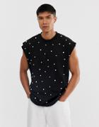 Asos Design Oversized Sleeveless T-shirt With All-over Pearls In Heavyweight Jersey - Black