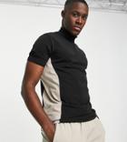 South Beach Man Colorblock T-shirt In Black And Camel-multi