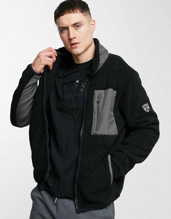 Guess Zip Thru Sherpa Fleece In Black With Side Logo