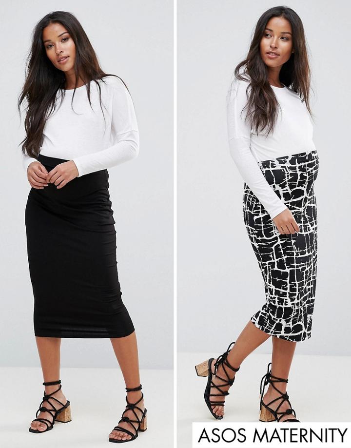 Asos Maternity Over The Bump Skirt 2 Pack Midi In Print & Plain - Black