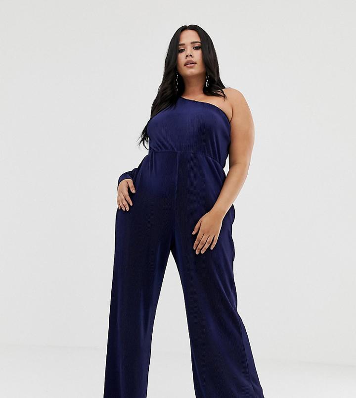 Asos Design Curve One Shoulder Plisse Jumpsuit-navy
