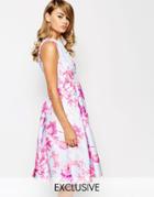 True Violet Sateen Floral Print Debutante Prom Midi Dress - Multi