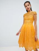Chi Chi London Premium Lace Midi Dress With Cap Sleeve - Yellow