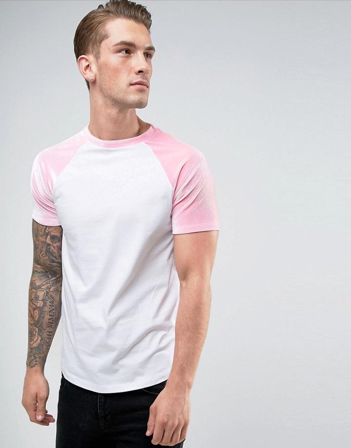 Asos T-shirt With Mini Curved Hem And Contrast Velour Raglan Sleeves In Pink - White