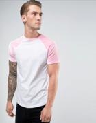Asos T-shirt With Mini Curved Hem And Contrast Velour Raglan Sleeves In Pink - White