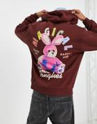 Crooked Tongues Oversized Hoodie With Magical Teddy Graphic Print In Dark Red