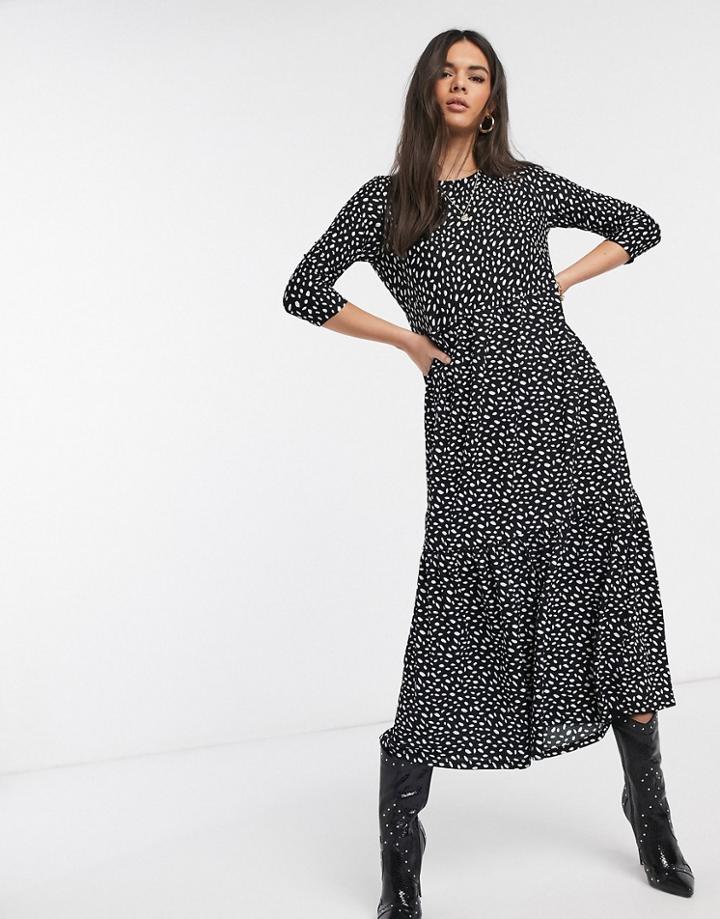 River Island Long Sleeve Printed Midi Smock Dress In Black
