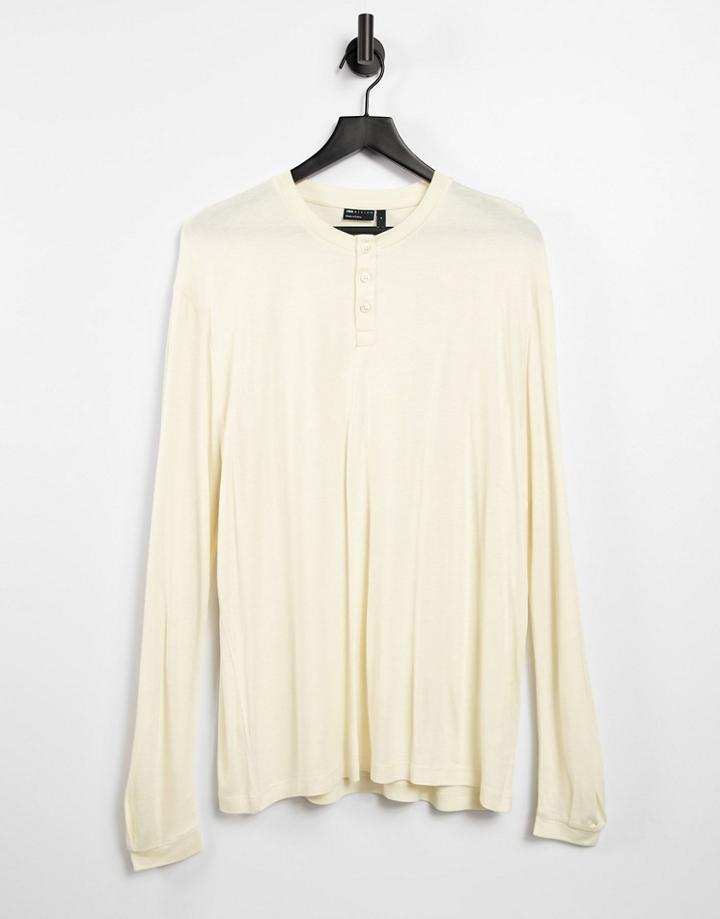 Asos Design Relaxed Fit Long Sleeve Viscose Grandad T-shirt In Beige-neutral