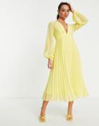 Asos Design Textured Twist Front Pleated Midi Dress In Yellow