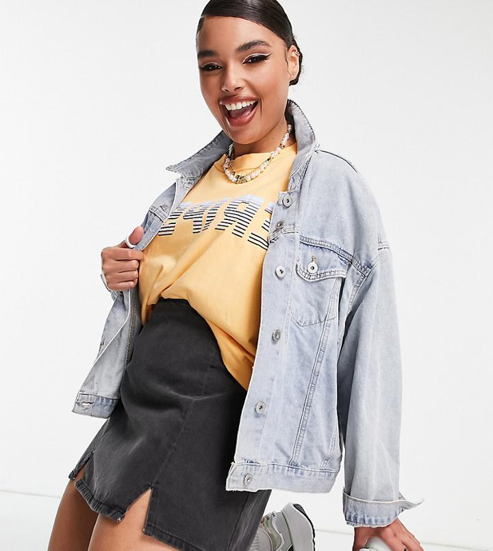 Asos Design Curve Denim Front Slit Mini Skirt In Washed Black