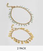 Asos Design Pack Of 2 Petal Disc And Bead Anklets - Gold