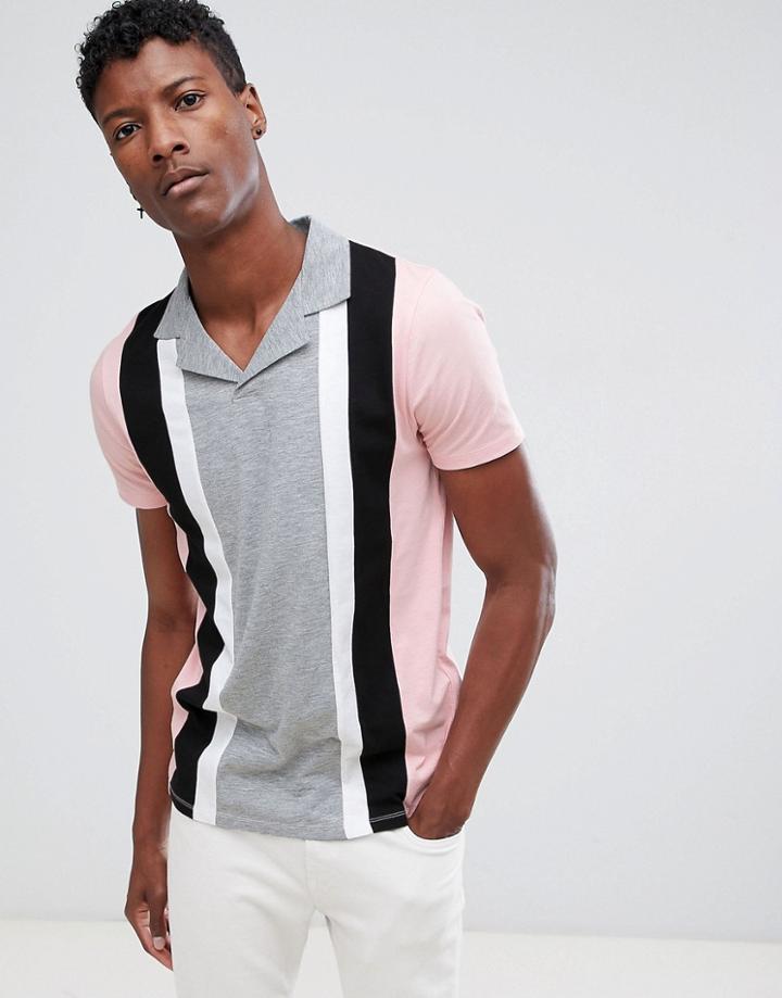 Asos Design Polo Shirt With Retro Vertical Panels And Revere Collar - Pink