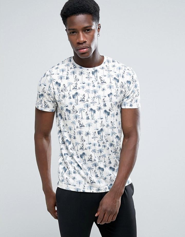 Esprit Crew Neck T-shirt With All Over Hula Girl Print - White