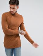 Asos Long Sleeve Longline Muscle Roll Neck T-shirt - Brown