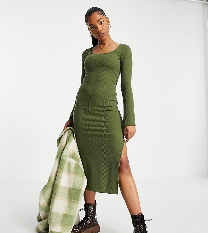 Stradivarius Round Neck Midi Dress In Khaki-green