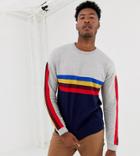 Asos Design Tall Sweater With Rainbow Chest And Sleeve Stripes-gray