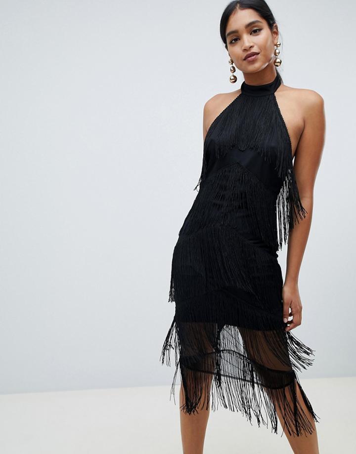 Asos Design Halter Midi Fringe Dress-black