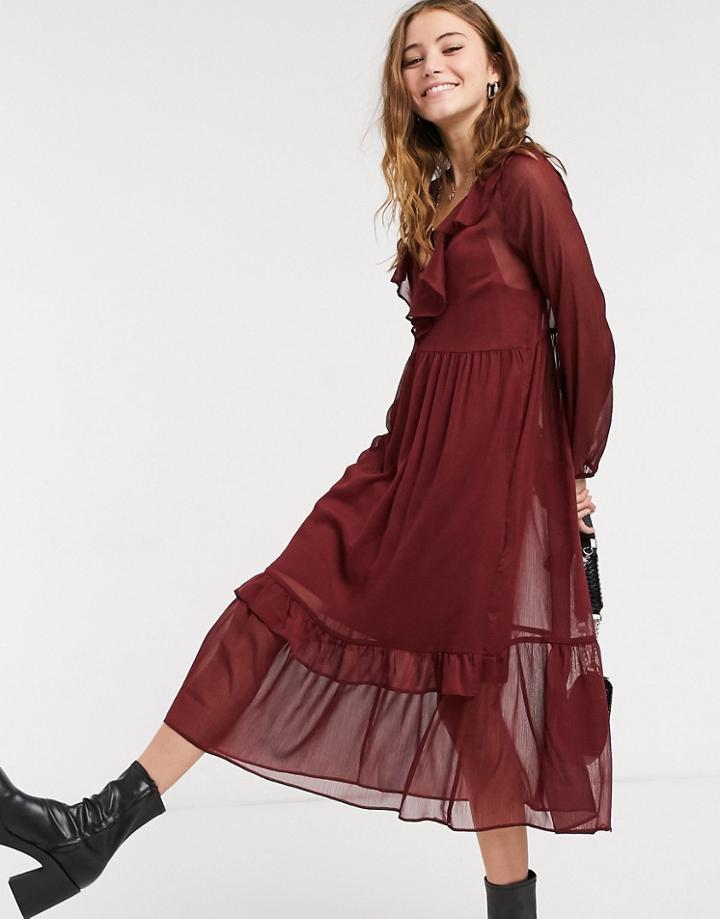 New Look Ruffle Detail Chiffon Midi Dress In Burgundy-red