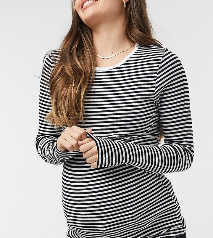 Pieces Maternity Long Sleeve T-shirt In Black And White Stripe-multi