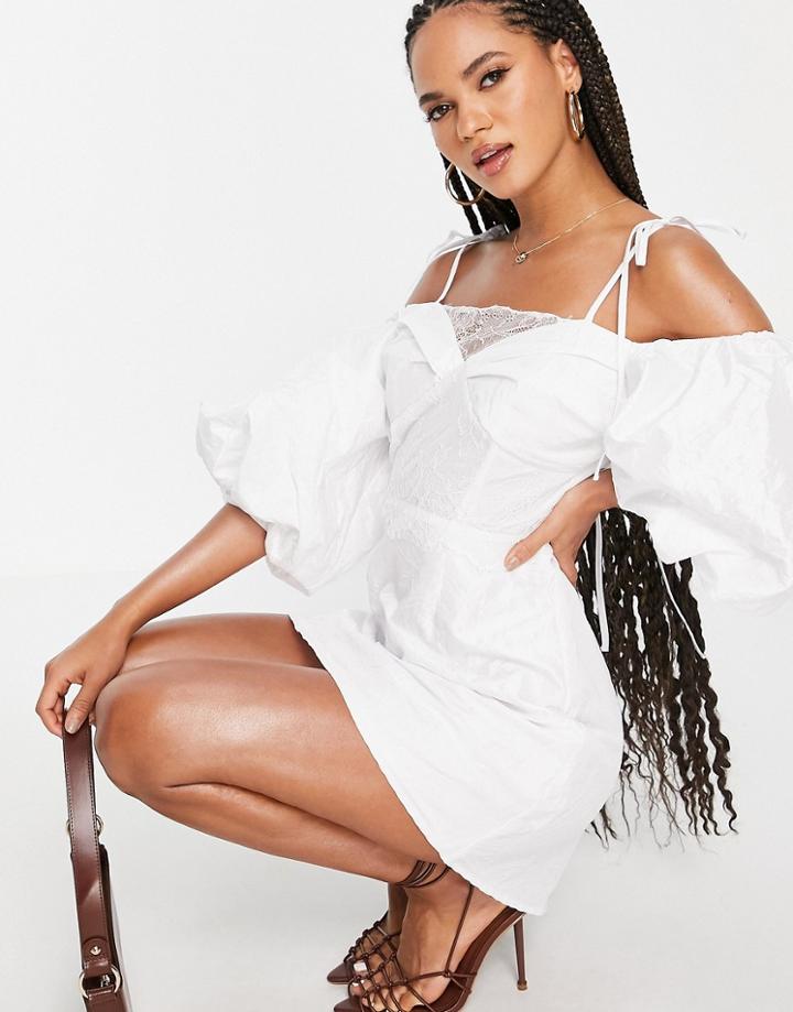 Lashes Of London Poplin Frill Sleeve Mini Dress In White