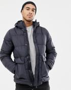 Pull & Bear Fleece Lined Puffer In Navy With Hood - Navy