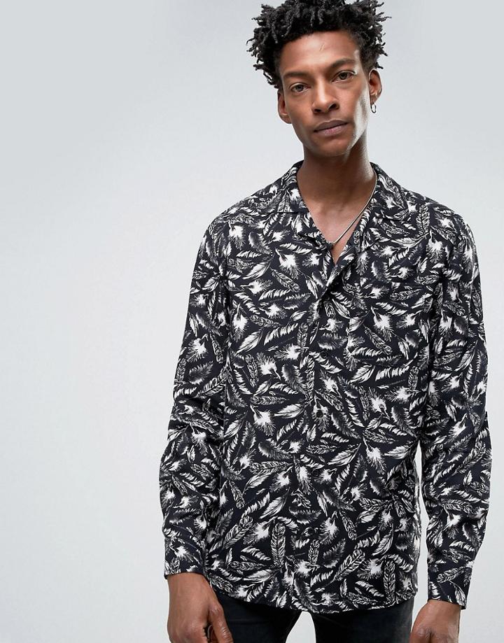 Religion Feather Print Revere Collar Slim Shirt - Black