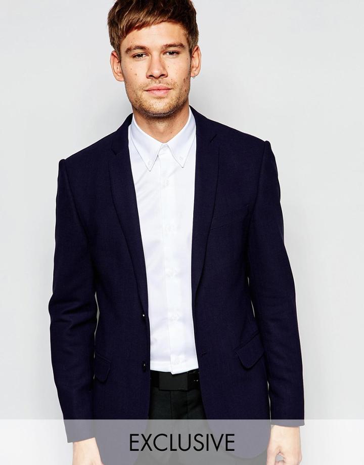Number Eight Savile Row Exclusive Wool Mix Blazer With Stretch In Skinny Fit - Navy