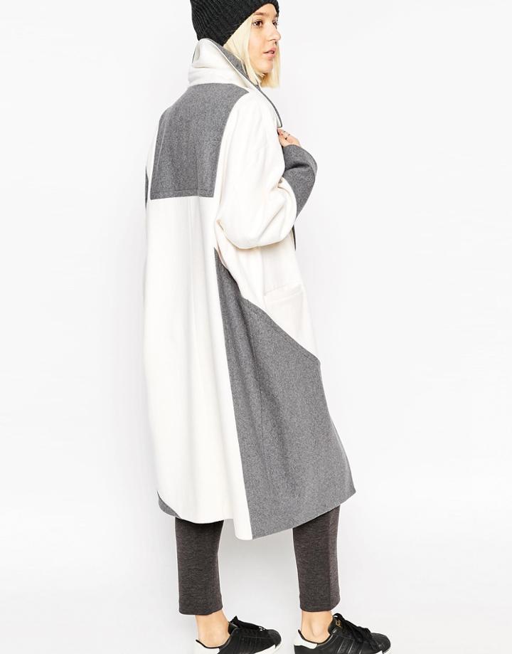 Asos White Color Block Ovoid Coat In Heavy Wool
