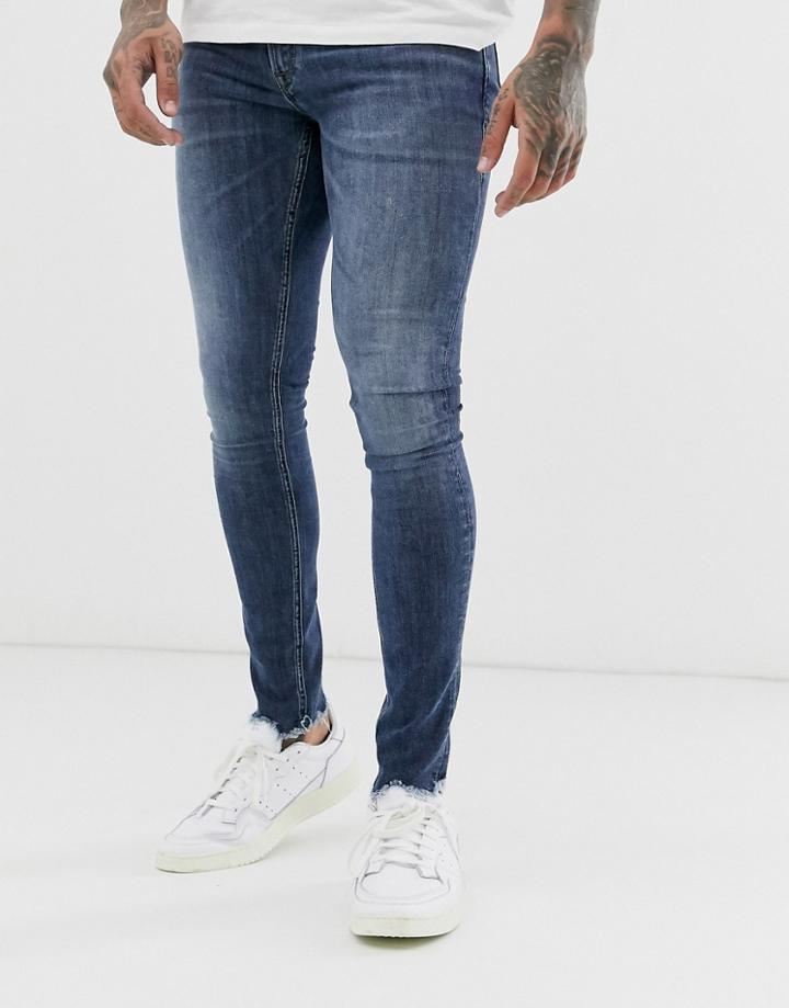 Jack & Jones Intelligence Spray On Fit Raw Hem Jeans In Mid Wash-blue