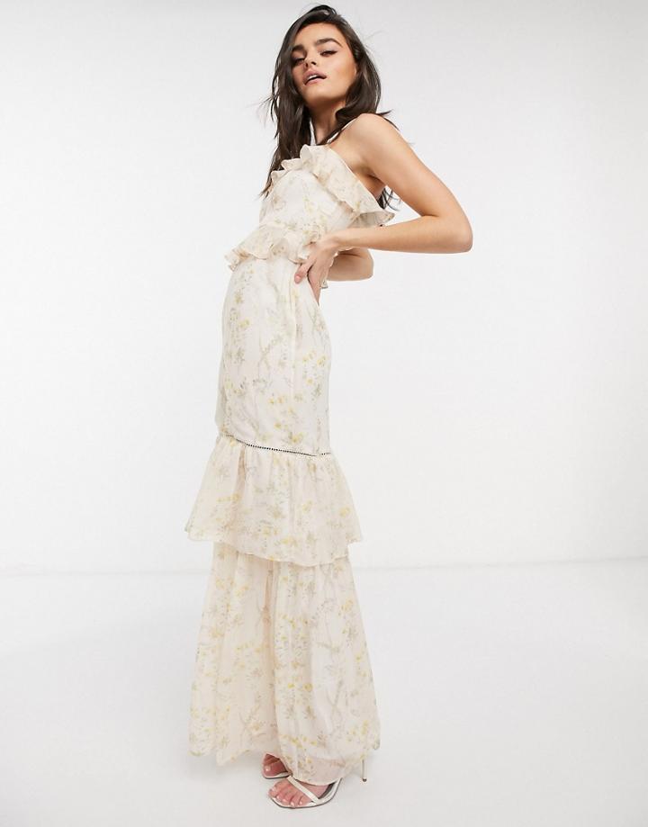 Hope & Ivy Bridesmaid Tiered Ruffle Cami Maxi Dress In Ditsy Ivory Floral-multi