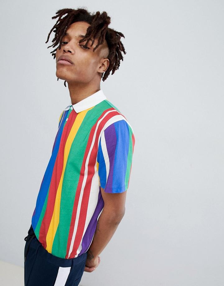Asos Design Relaxed Polo With Rainbow Vertical Stripe - Multi