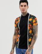Asos Design Polo With Cut And Sew Fruit Print - Black