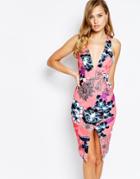 Ginger Fizz Plunge Front Pencil Dress With Strap Back In Nectar Floral Print - Multi Floral