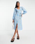 Influence Button Front Tie Waist Midi Dress In Blue Floral Print-multi