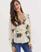 Asos Design Plunge Top With Floaty Sleeve In Floral Print - Multi