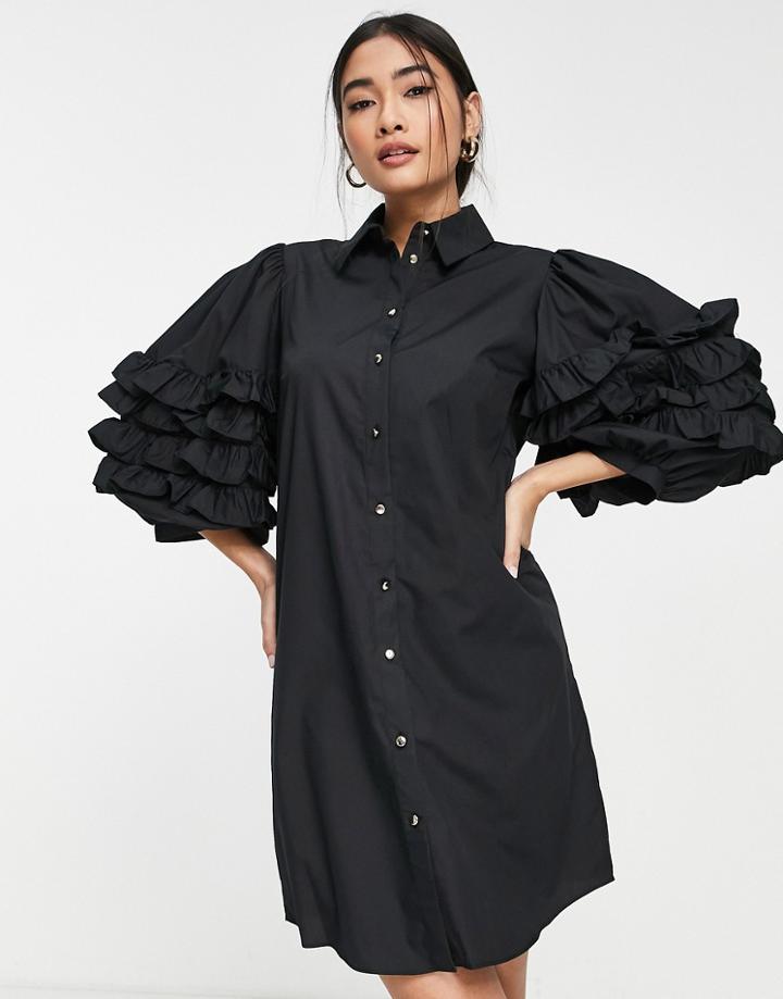 River Island Ruffle Puff Sleeve Mini Shirt Dress In Black