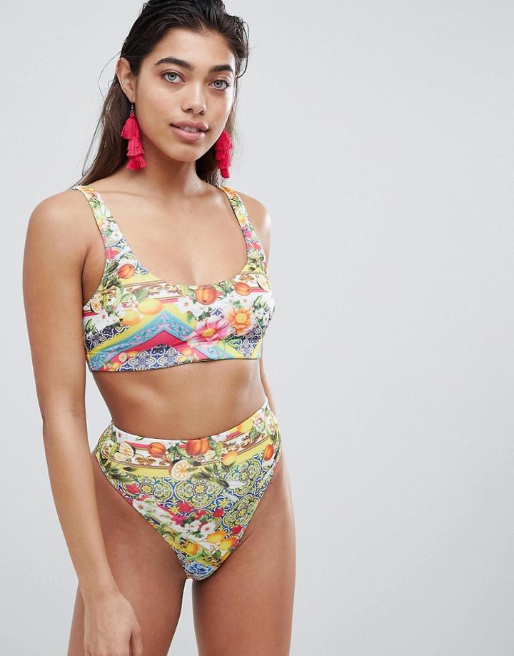 Asos Design Vibrant Tile Print High Leg High Waist Bikini Bottom - Multi