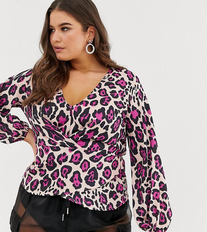 Flounce London Plus Animal Wrap Top In Red - Multi