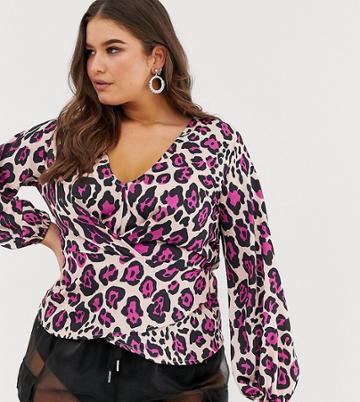 Flounce London Plus Animal Wrap Top In Red - Multi